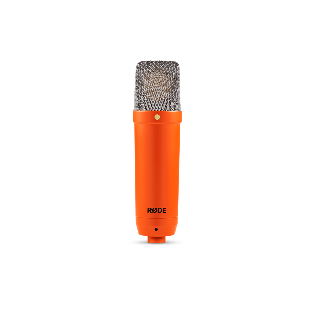 RODE NT1 Signature orange studio condenser microphone with a sleek design, perfect for professional recording and vocals.