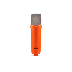RODE NT1 Signature orange studio condenser microphone with a sleek design, perfect for professional recording and vocals.