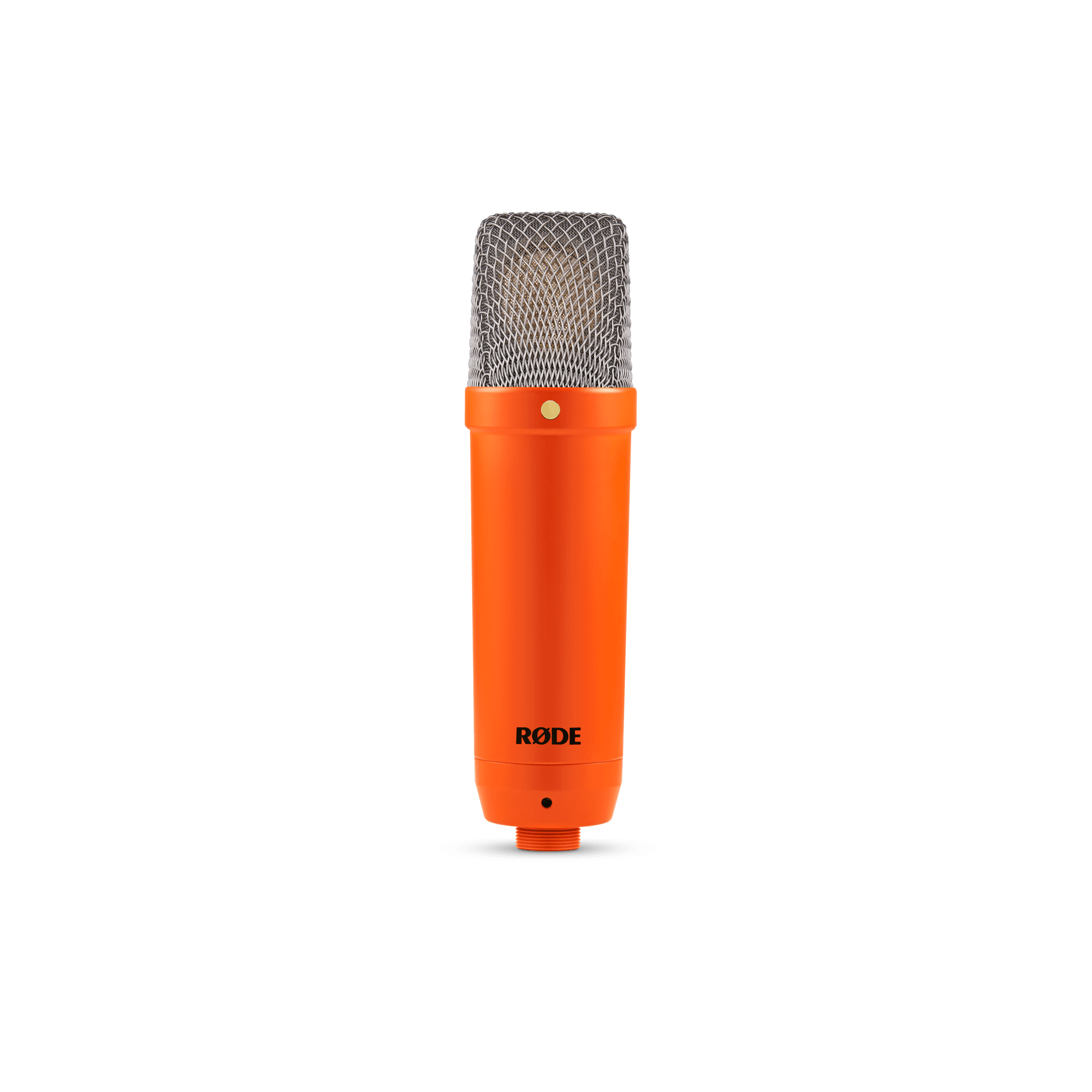 RODE NT1 Signature orange studio condenser microphone with a sleek design, perfect for professional recording and vocals.