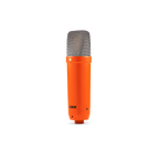 Rode NT1 Signature orange studio condenser microphone with black grille, studio setup, and microphone stand.