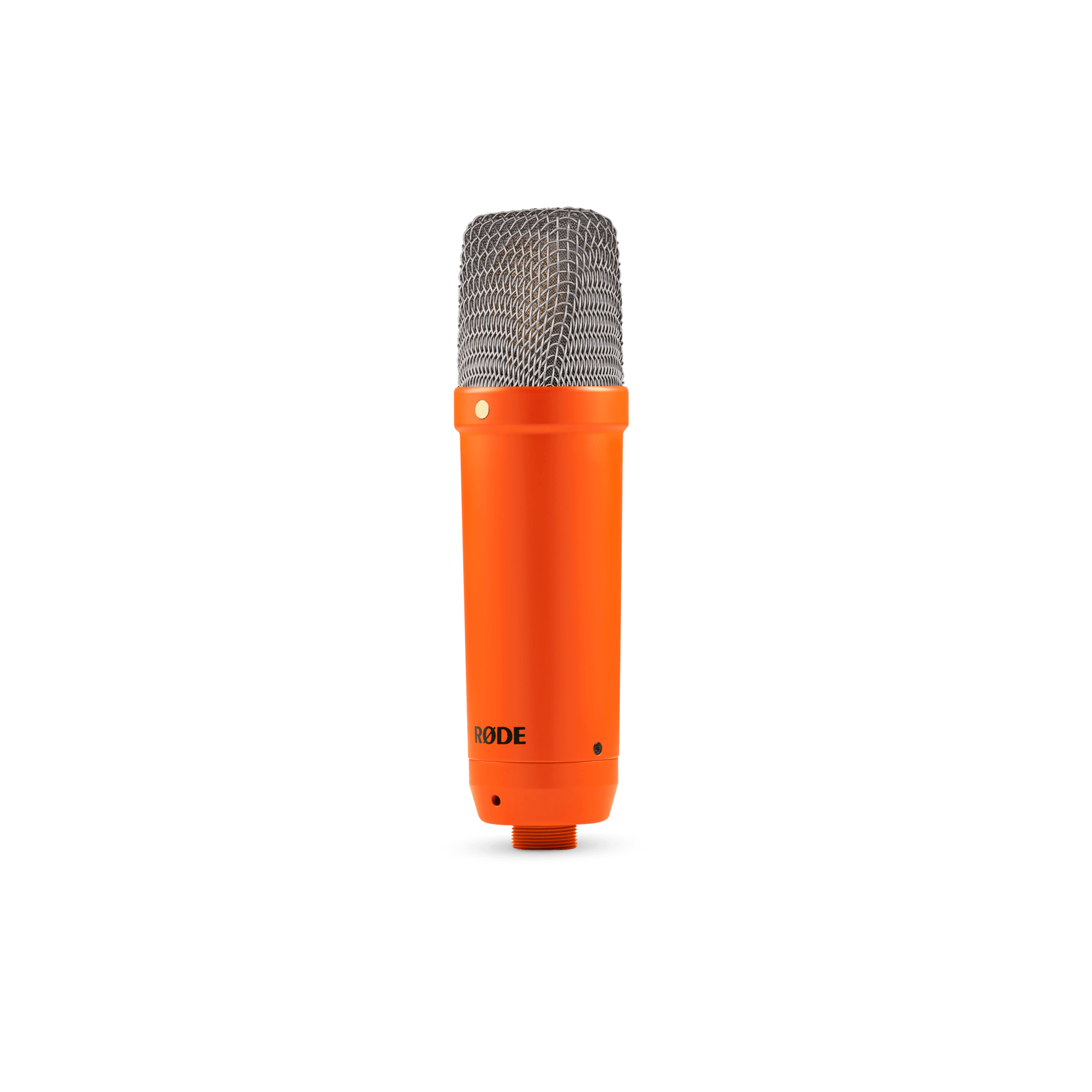 Rode NT1 Signature orange studio condenser microphone with black grille, studio setup, and microphone stand.