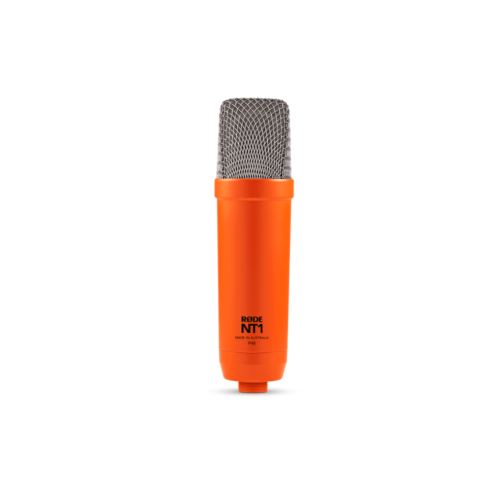 Rode NT1 Signature orange studio condenser microphone on a stand, showcasing its sleek design and professional recording capabilities.