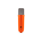Rode NT1 Signature orange studio condenser microphone on a stand, showcasing its sleek design and professional recording capabilities.
