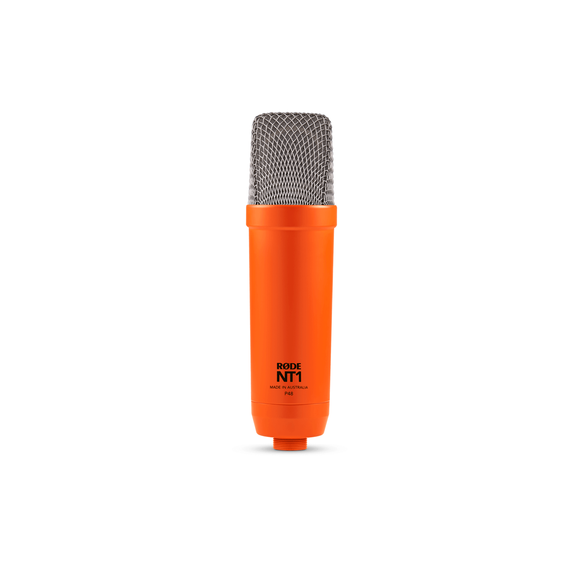 Rode NT1 Signature orange studio condenser microphone on a stand, showcasing its sleek design and professional recording capabilities.