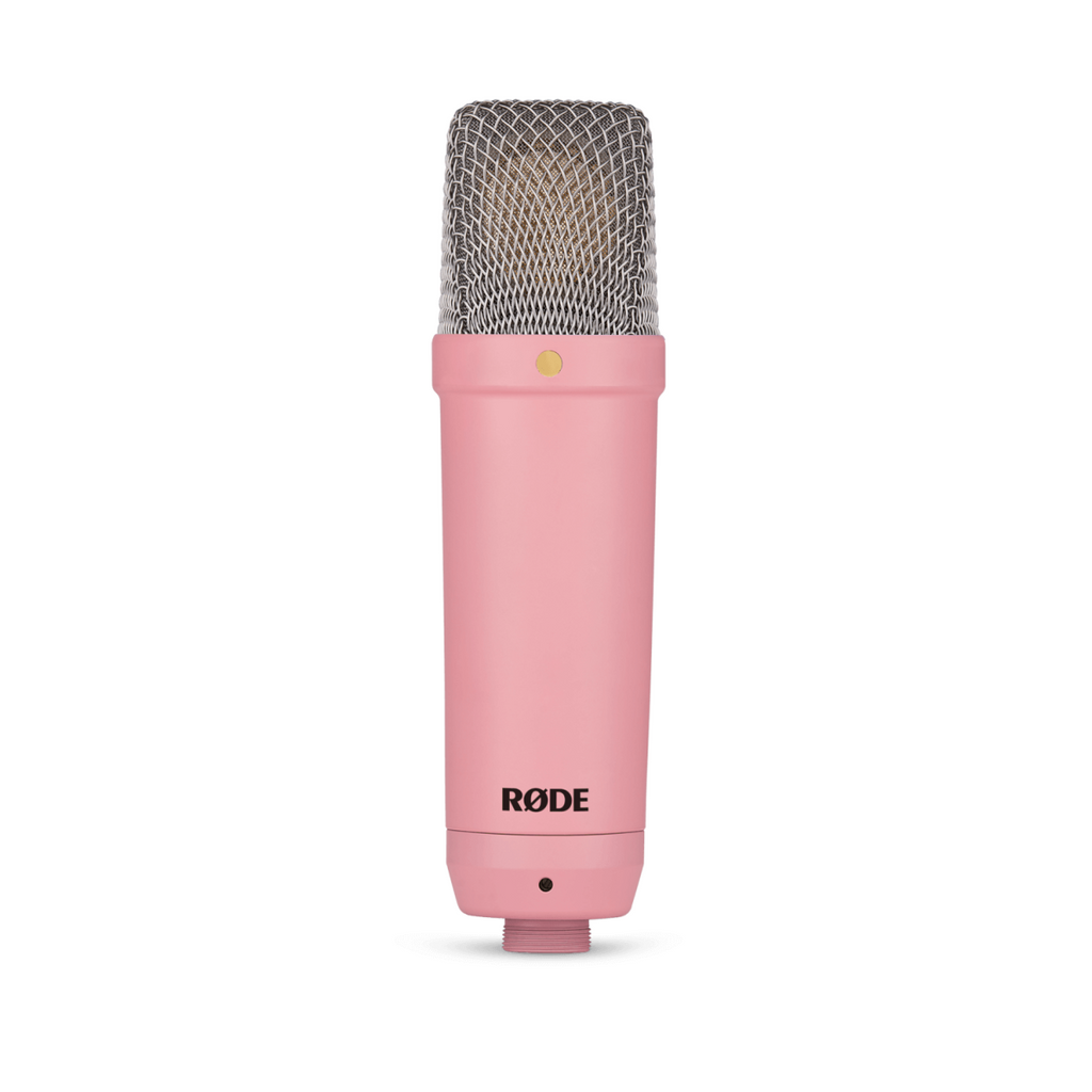 Rode NT1 Signature pink studio condenser microphone with sleek design, ideal for professional recording in a studio setting.