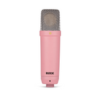 Rode NT1 Signature pink studio condenser microphone with sleek design, ideal for professional recording in a studio setting.