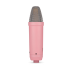 Pink Rode NT1 Signature studio condenser microphone with sleek design and gold accents, ideal for professional recording and vocals.