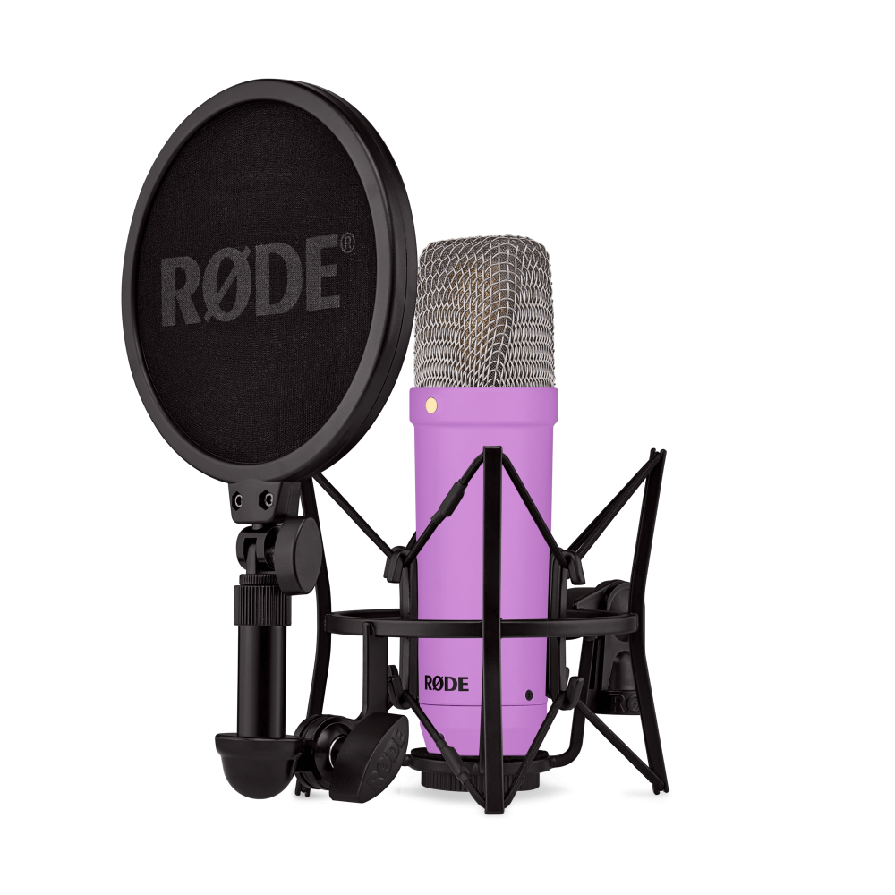 Rode NT1 Signature purple studio condenser microphone with sleek design, ideal for professional recording in a studio setting.