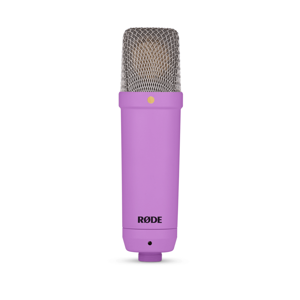 Rode NT1 Signature purple studio condenser microphone with sleek design, ideal for professional recording in home or studio setups.