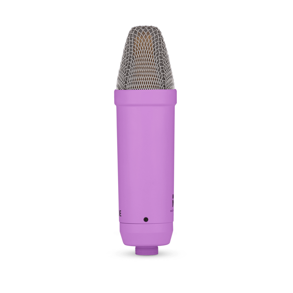 Rode NT1 Signature purple studio condenser microphone on a stand, showcasing its sleek design for professional recording.