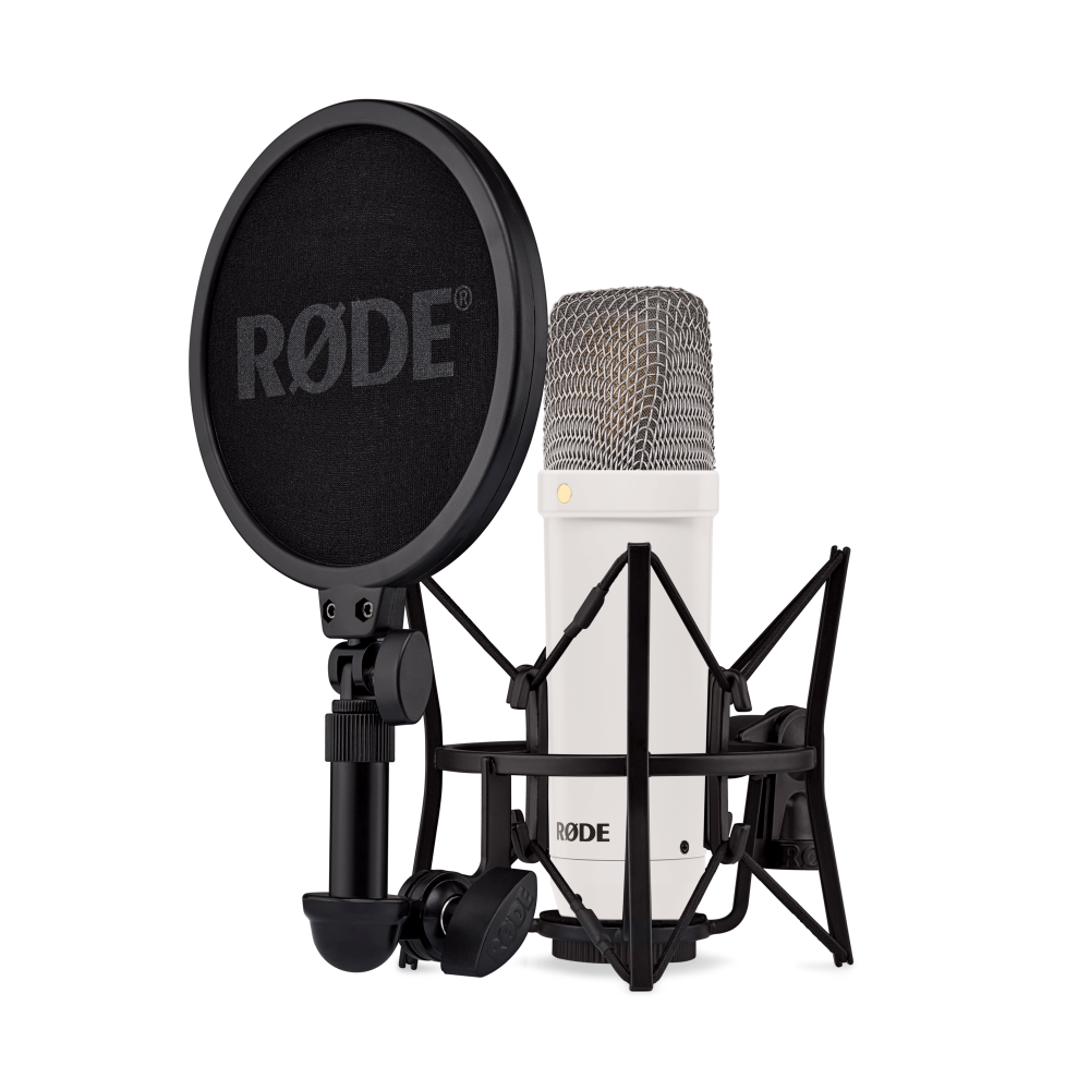 RODE NT1 Signature white large diaphragm condenser microphone for studio recording, shown with its sleek design.