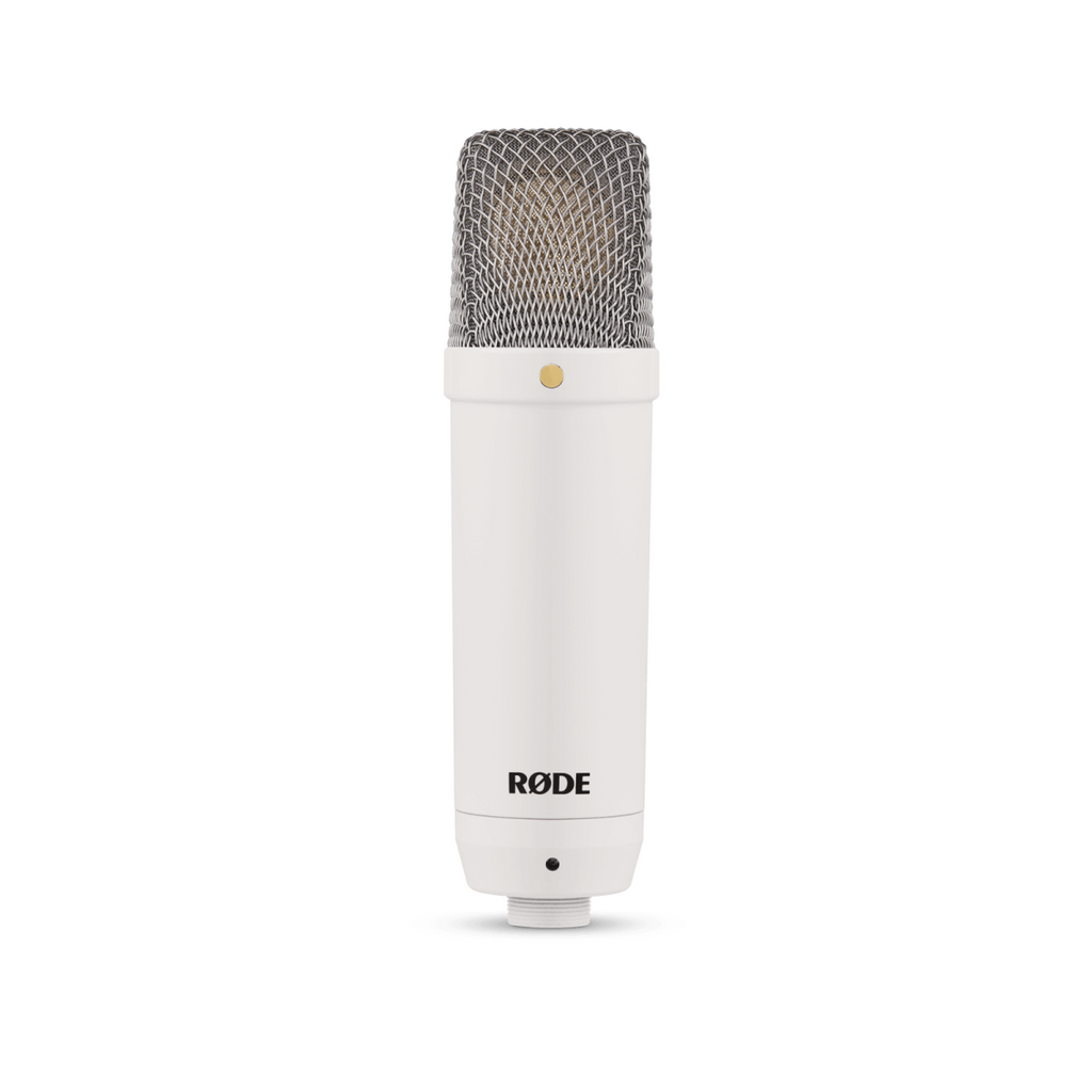 RODE NT1 Signature large diaphragm condenser microphone in white for studio recording, shown on a microphone stand.