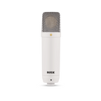 RODE NT1 Signature large diaphragm condenser microphone in white for studio recording, shown on a microphone stand.
