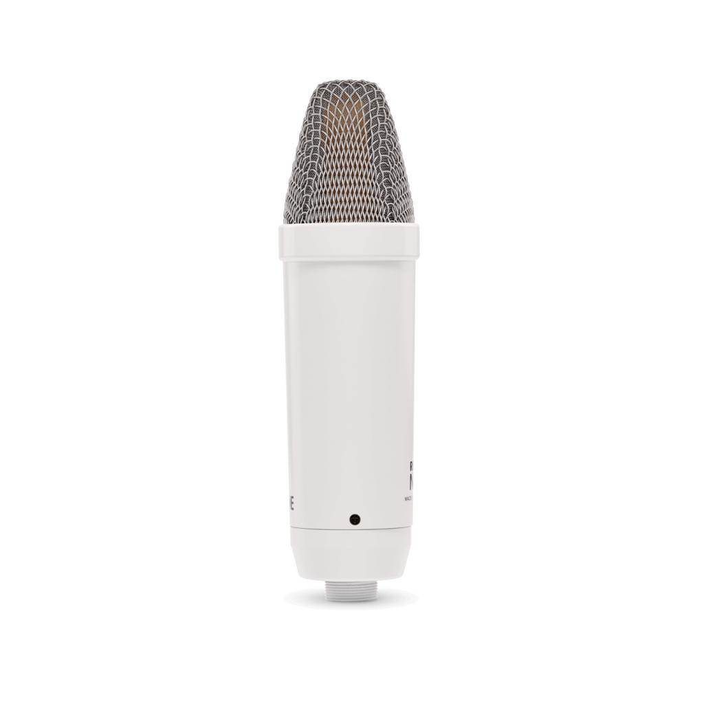 RODE NT1 Signature large diaphragm condenser microphone in white, studio microphone with sleek design and professional audio capture.