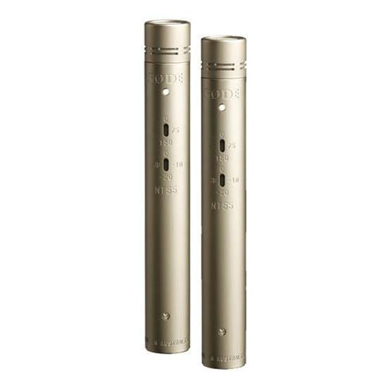 Pair of RODE NT55 multi-pattern pencil condenser studio microphones with black bodies and gold accents, mounted on stands.
