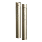 Pair of RODE NT55 multi-pattern pencil condenser studio microphones with black bodies and gold accents, mounted on stands.