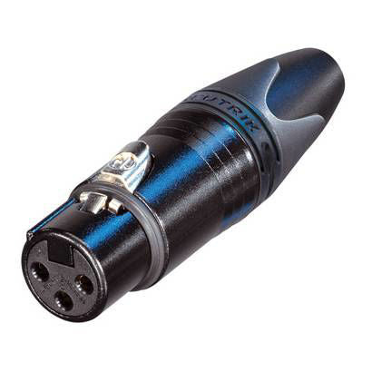 Neutrik NC3FXX-B female 3-pin cable connector in black with gold pins, used for professional audio and PA equipment.