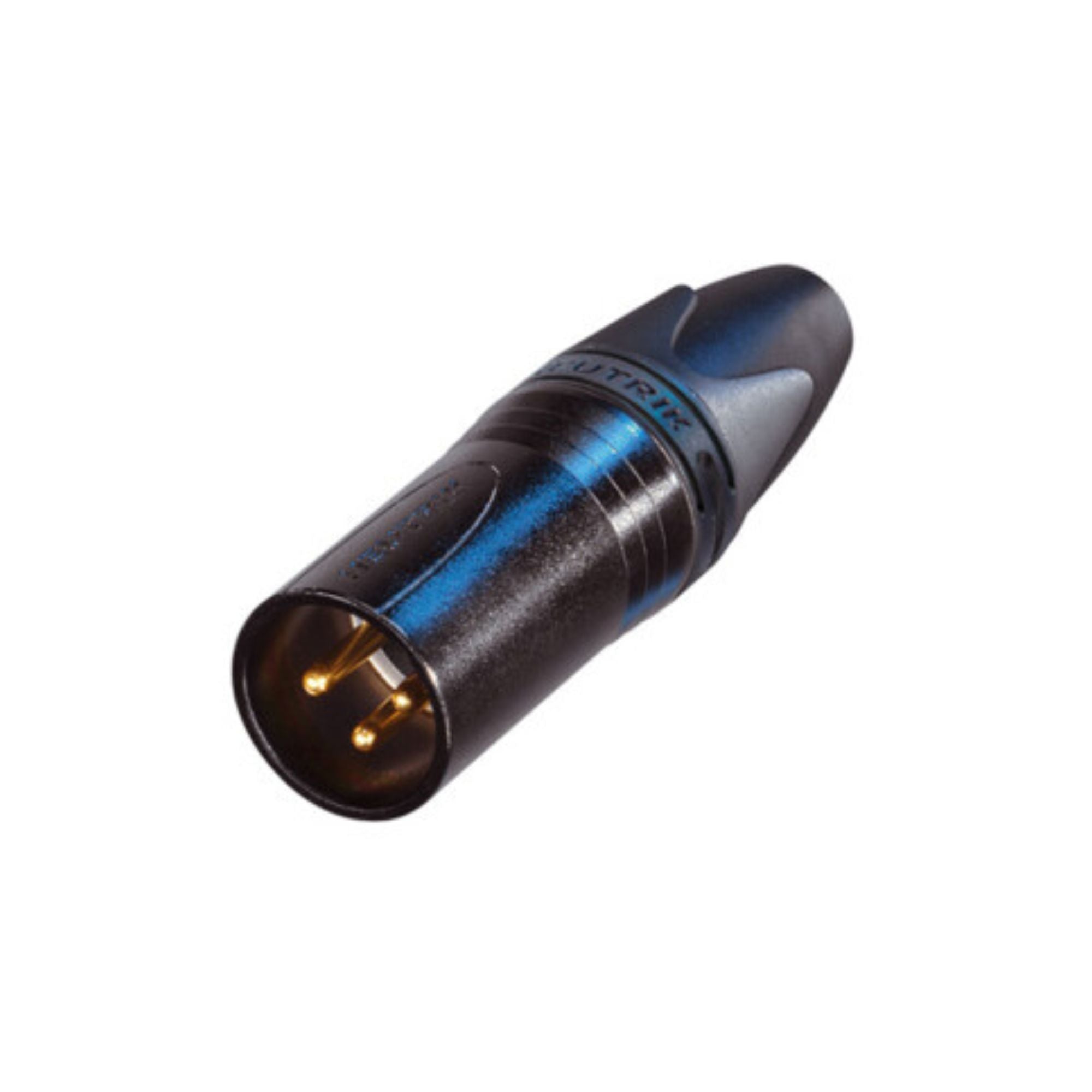 Neutrik NC3MXX-B male 3-pin cable connector in black with gold-plated pins, used for professional audio connections.