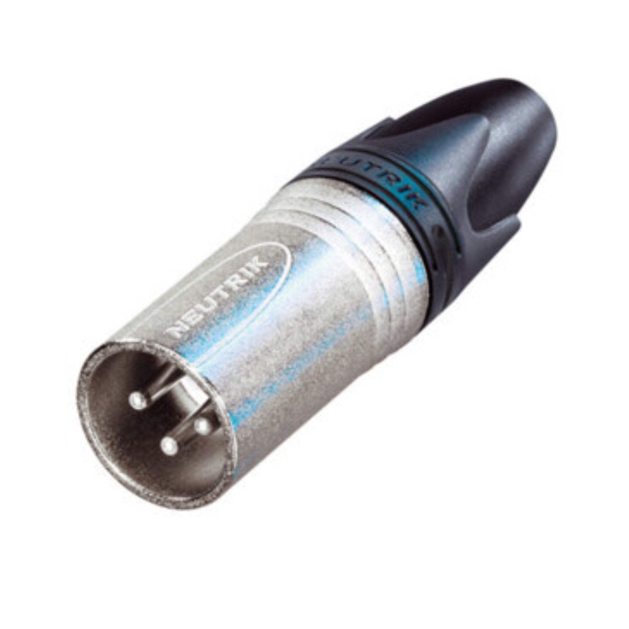 Neutrik NC3MXX male XLR connector for professional audio, showing the rugged metal shell and pin contacts.