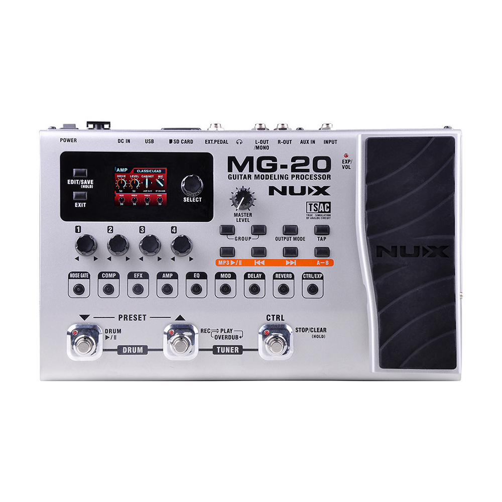 NU-X MG20 Modeling FX Processor effect pedal with multiple effects and control knobs, used for guitar or bass sound modulation.