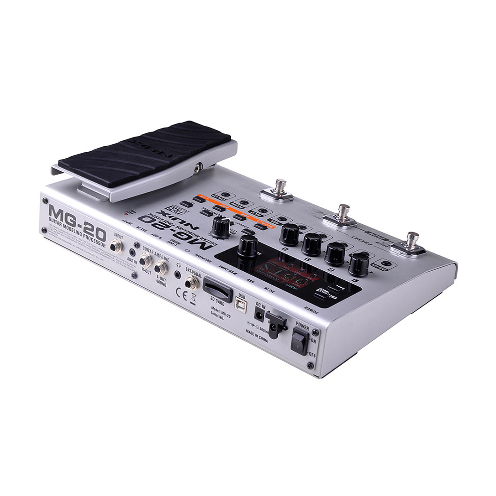 NU-X MG20 Modeling FX Processor effect pedal with multiple sound effects and control knobs, showcasing its compact design.