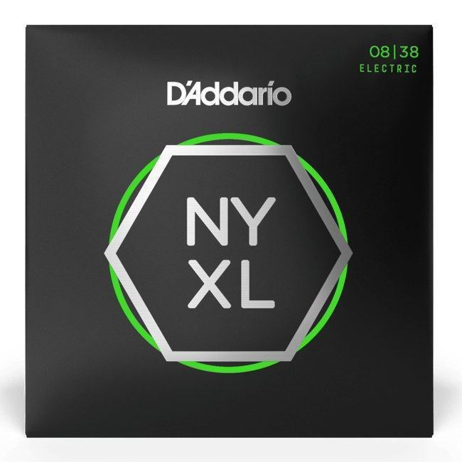 D'Addario NYXL0838 Nickel Wound Electric Guitar Strings, extra super light gauge 08-38, close-up of the string set.