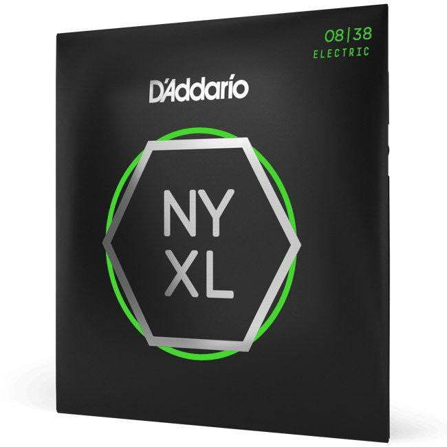 D'Addario NYXL0838 Nickel Wound Electric Guitar Strings set with extra super light gauge 08-38, shown on the product image.