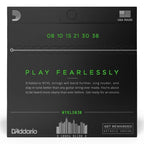 D'Addario NYXL0838 Nickel Wound Electric Guitar Strings, Extra Super Light gauge 08-38, with a close-up view of the strings on a guitar