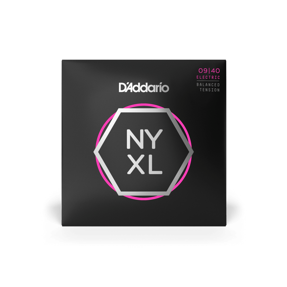 D'Addario NYXL0940BT electric guitar strings with balanced tension, 9-40 gauge, shown on a guitar.