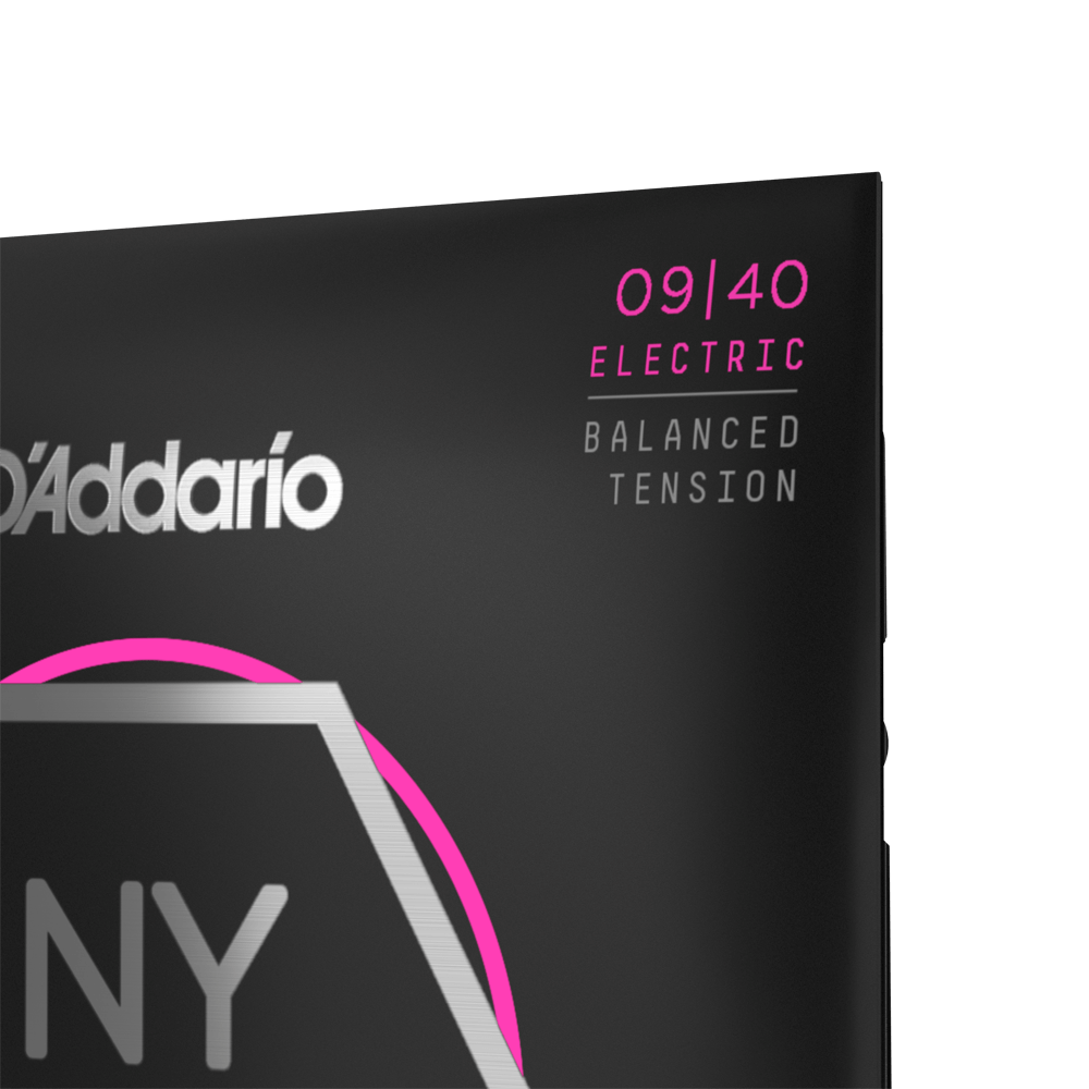 D'Addario NYXL0940BT electric guitar strings with balanced tension, 9-40 gauge, shown on a guitar.