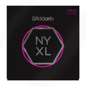 D'Addario NYXL0942 Nickel Wound Electric Guitar Strings, super light gauge 09-42, on a guitar string package.