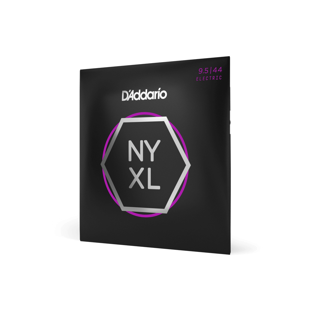 D'Addario NYXL09544 electric guitar strings in 9.5-44 gauge, showing a pack of durable strings on a guitar background.