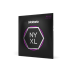 D'Addario NYXL09544 electric guitar strings in 9.5-44 gauge, showing a pack of durable strings on a guitar background.