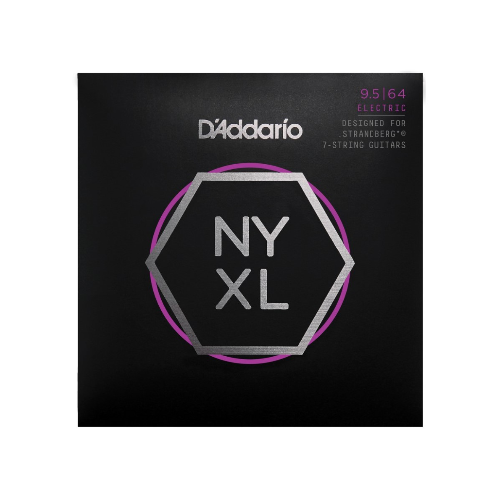 D'Addario NYXL 9.5-64 Custom Light 7-String Electric Guitar Strings on Strandberg guitar with packaging visible.