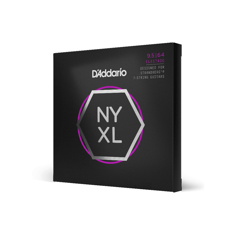 D'Addario NYXL 9.5-64 Custom Light 7-string electric guitar strings on Strandberg guitar with colorful fretboard in background