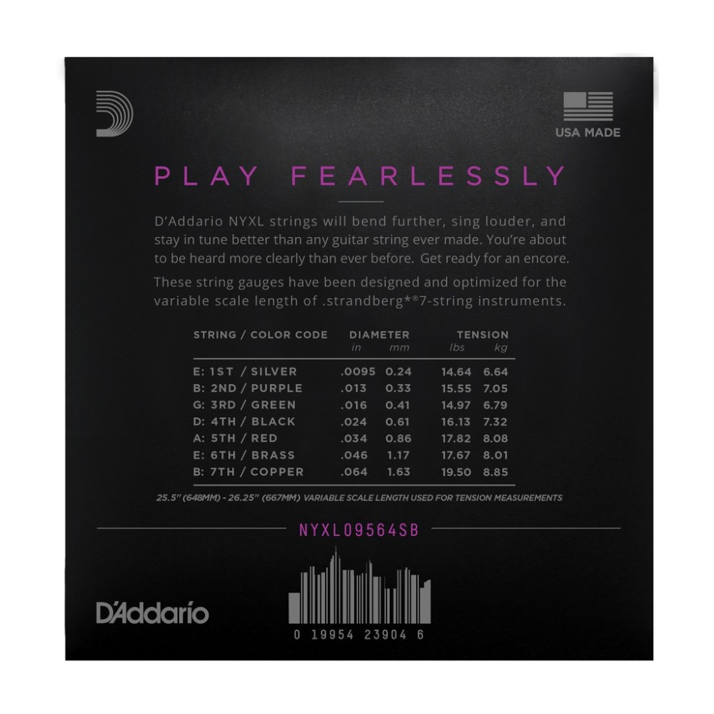 D'Addario NYXL 9.5-64 Custom Light 7-string electric guitar strings on Strandberg guitar, showcasing the premium packaging.