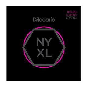 D'Addario NYXL0980 nickel wound 8-string electric guitar strings super light gauge 09-80 laid out on a white background.