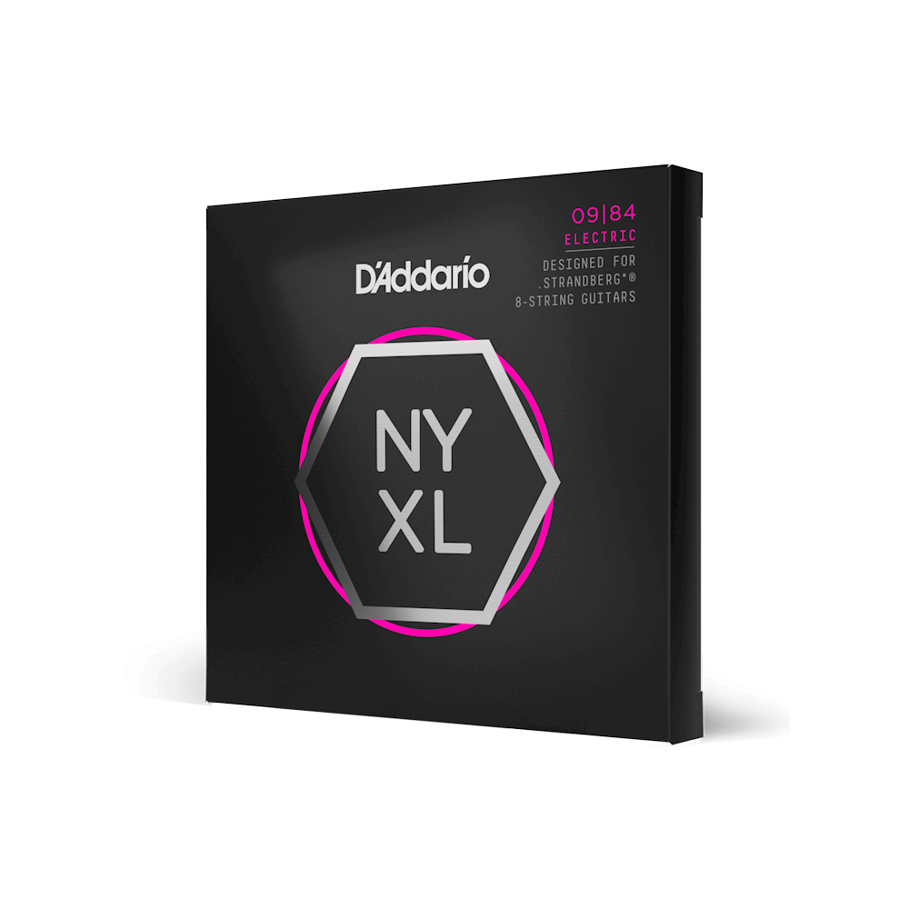 D'Addario NYXL0984SB electric guitar strings for Strandberg 8-string guitar, featuring a set from 9 to 84 gauge.