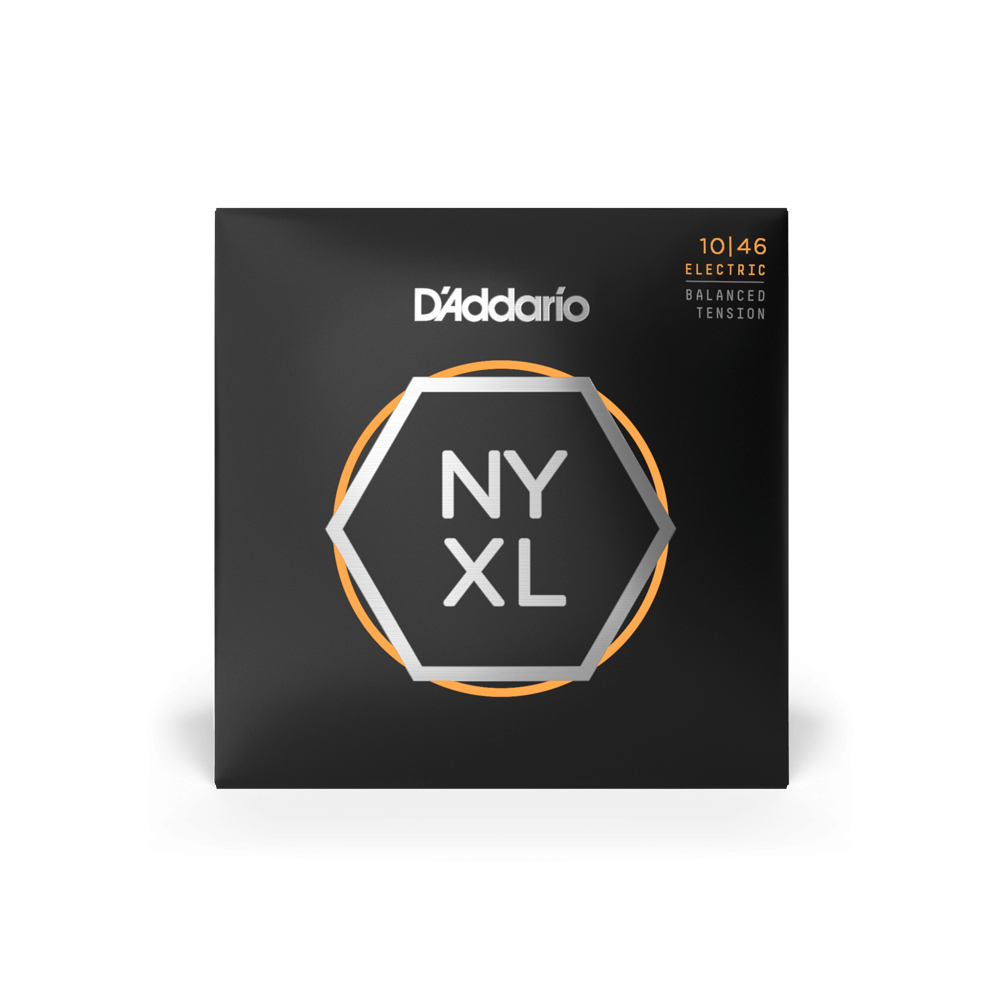 D'Addario NYXL1046BT electric guitar strings with balanced tension, 10-46 gauge, shown on a guitar in a close-up image.
