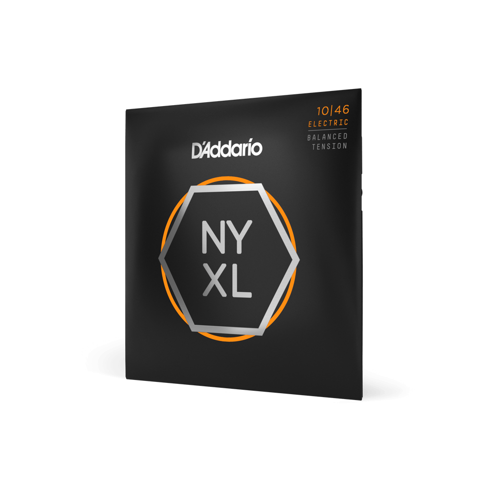 D'Addario NYXL1046BT electric guitar strings with balanced tension, 10-46 gauge, on a guitar.
