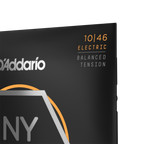 D'Addario NYXL1046BT electric guitar strings with balanced tension, 10-46 gauge, shown on a guitar.