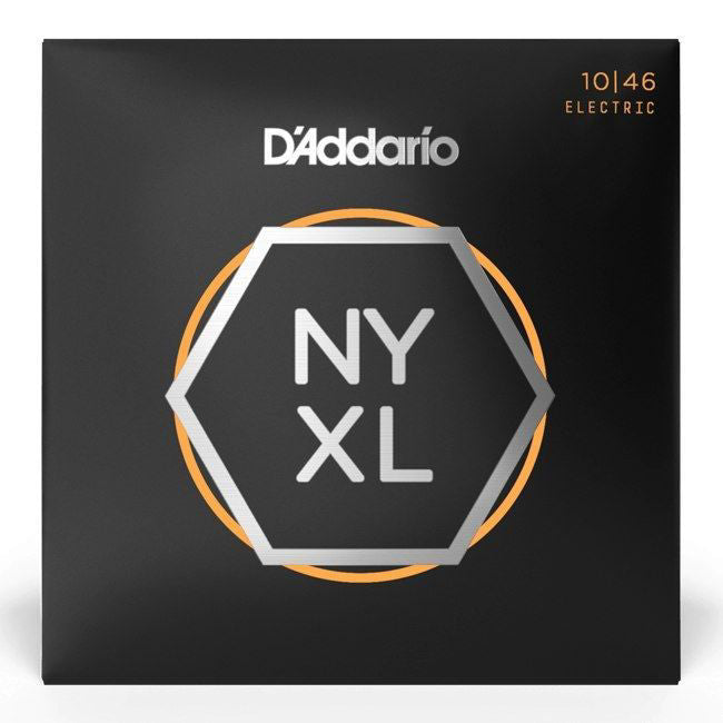 D'Addario NYXL1046 electric guitar strings in 10-46 light nickel wound set, shown in the image with packaging.