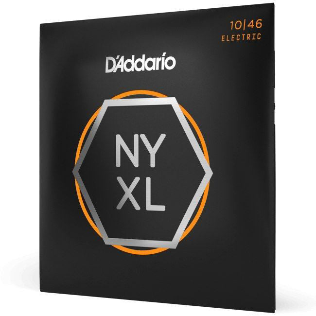 D'Addario NYXL1046 electric guitar strings, 10-46 light nickel wound strings, shown on a guitar.