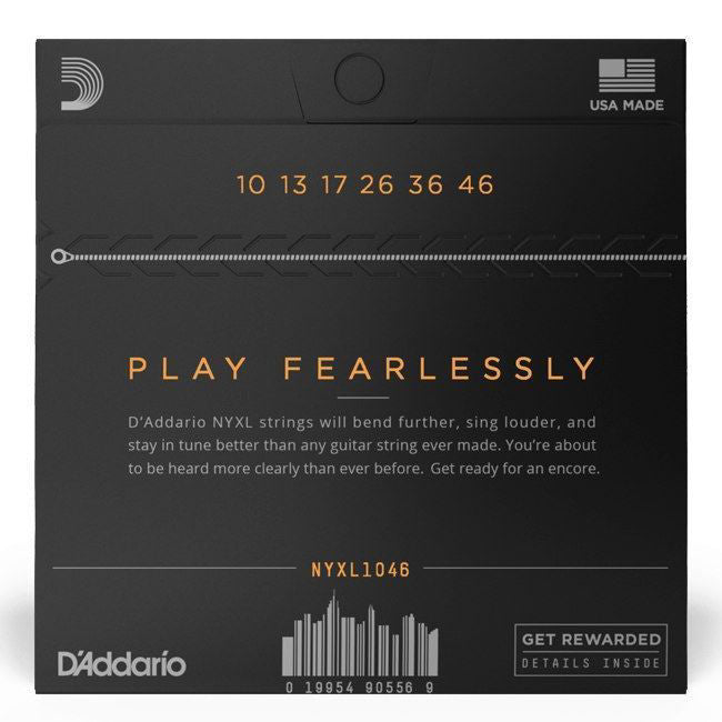 D'Addario NYXL1046 electric guitar strings in 10-46 light nickel wound, showing a close-up of the strings on a guitar.