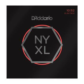 D'Addario NYXL1052 electric guitar strings with nickel wound, light top and heavy bottom, 10-52 gauge, on guitar.