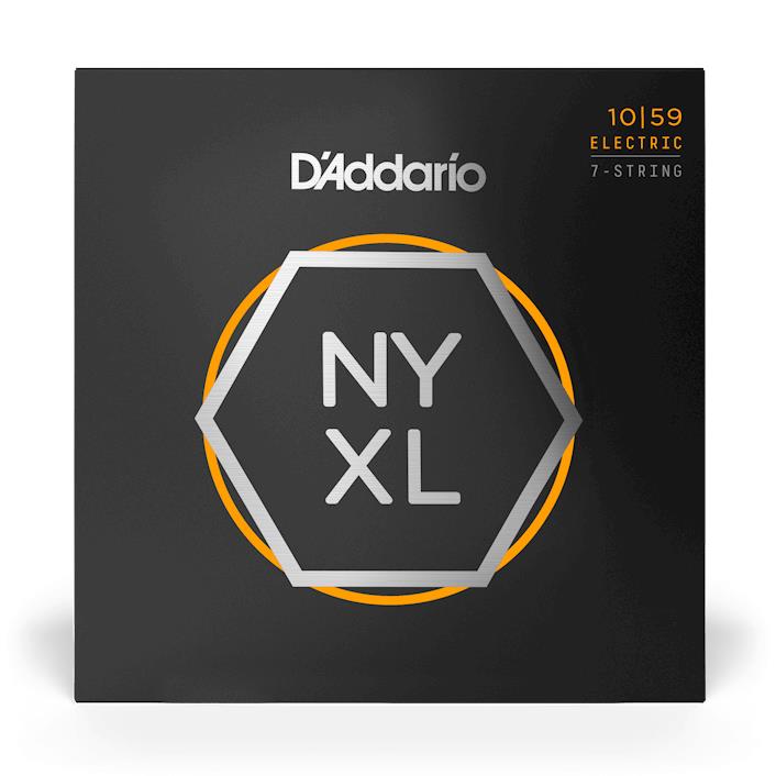 D'Addario NYXL1059 10-59 regular light 7-string electric guitar strings with nickel wound, shown in the image.