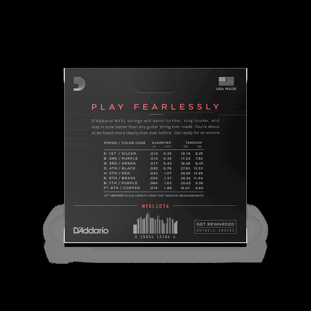 D'Addario NYXL1074 8-string electric guitar strings with light top, heavy bottom nickel wound for versatile tone and durability