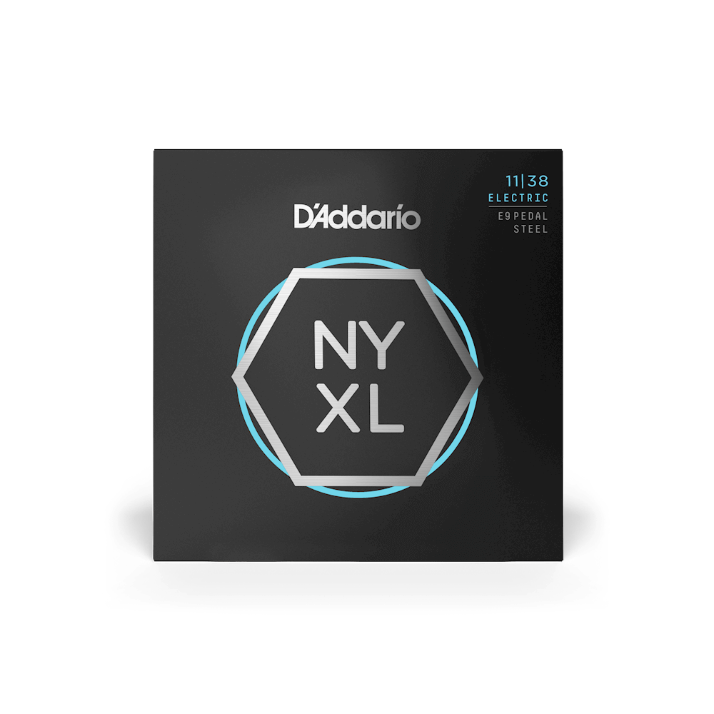 D'Addario NYXL1138PS electric pedal steel guitar strings, 11-38 gauge, shown on a pedal steel instrument.