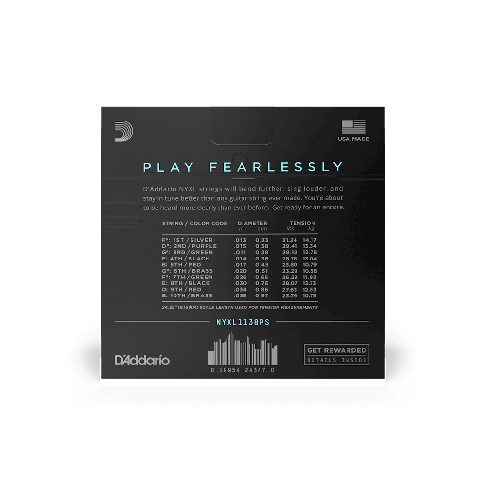 D'Addario NYXL1138PS electric pedal steel guitar strings, 11-38 gauge, aligned on a display showing the set of strings.