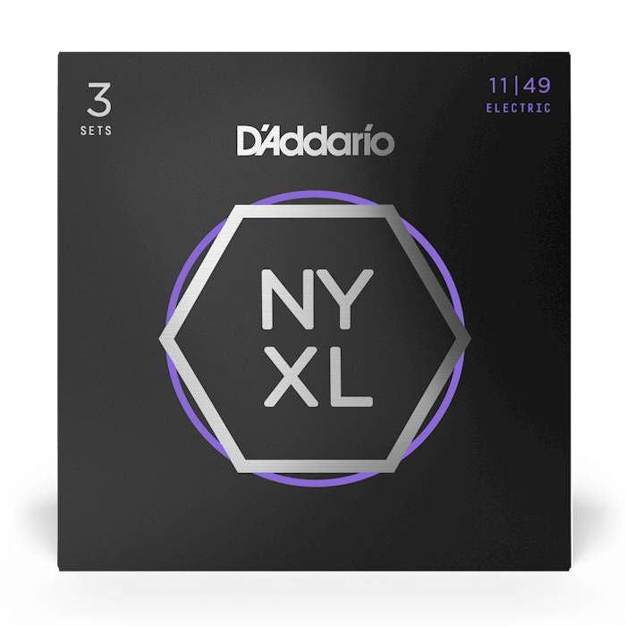 D'Addario NYXL11493P medium nickel wound electric guitar strings in a 3-pack, showing three sets of guitar strings.